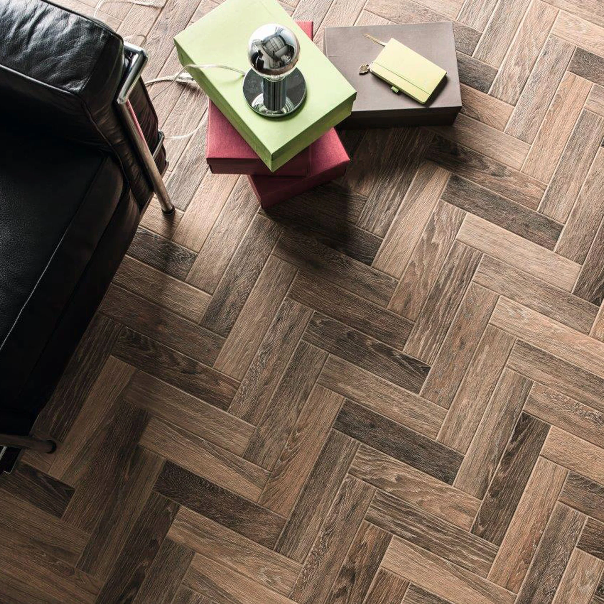 Herringbone Brown Wood Effect Tile - Image 4